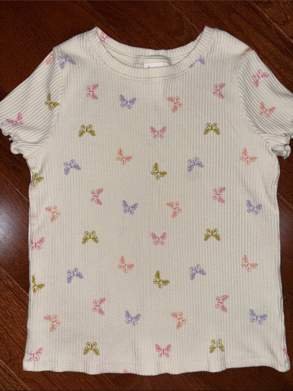 Cat & Jack Cream Ribbed Tee with Pastel Butterfly Motif